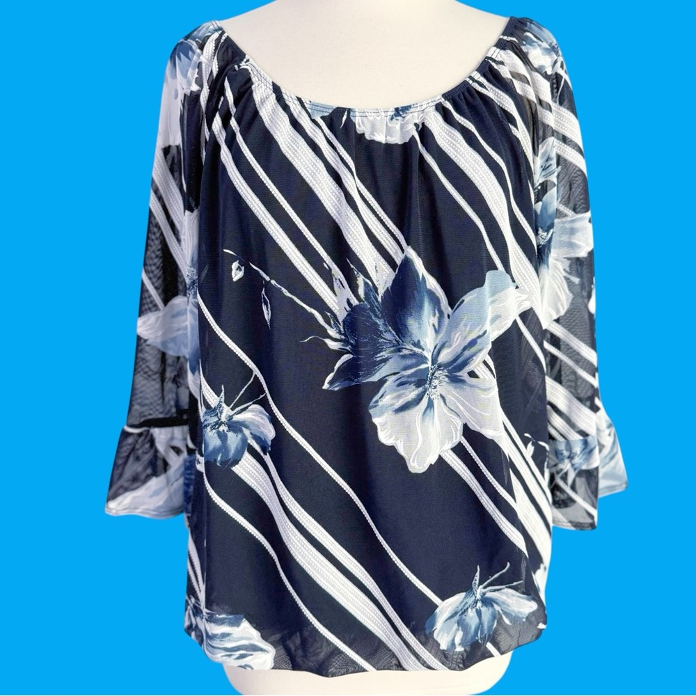Espresso Floral 3/4 Ruffle Sleeve Pullover Chiffon Blouse Women’s XL Navy - Picture 4 of 10